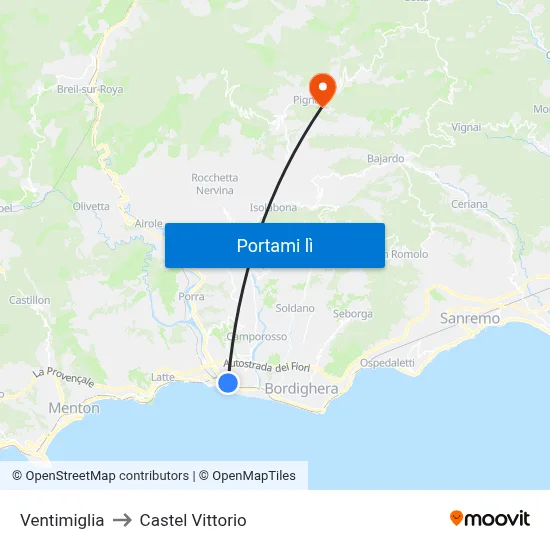 Ventimiglia to Castel Vittorio map