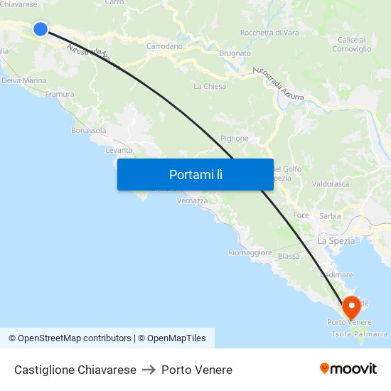 Castiglione Chiavarese to Porto Venere map