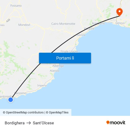 Bordighera to Sant'Olcese map