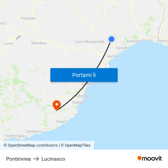 Pontinvrea to Lucinasco map