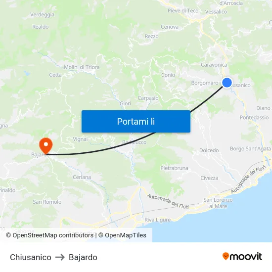 Chiusanico to Bajardo map