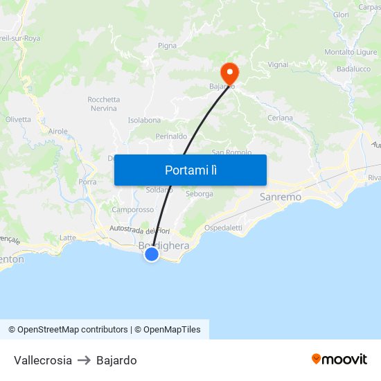 Vallecrosia to Bajardo map