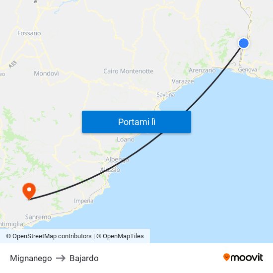 Mignanego to Bajardo map
