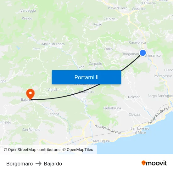 Borgomaro to Bajardo map