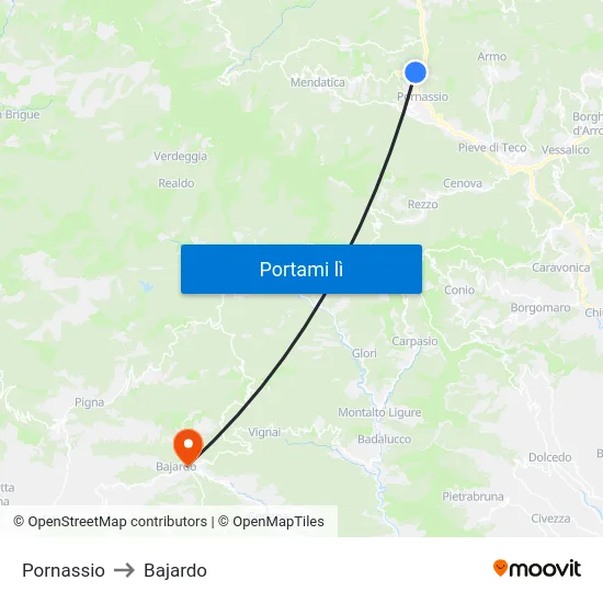 Pornassio to Bajardo map