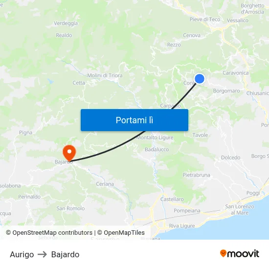 Aurigo to Bajardo map