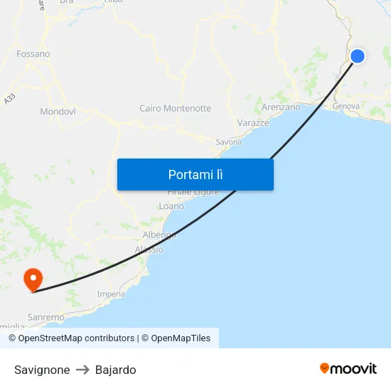 Savignone to Bajardo map