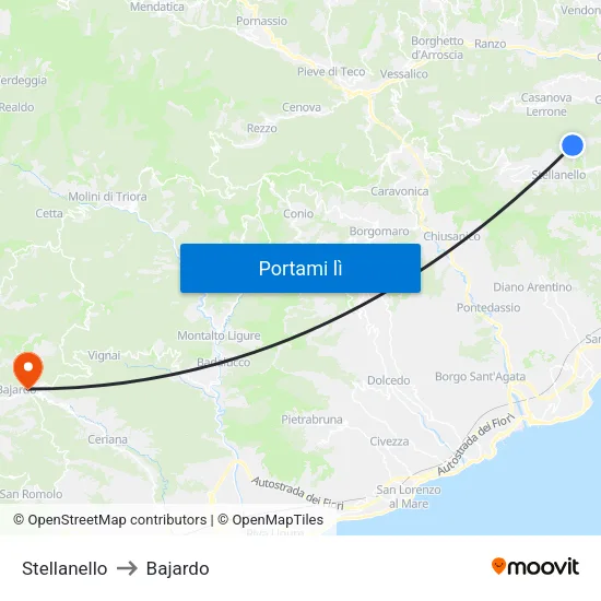 Stellanello to Bajardo map