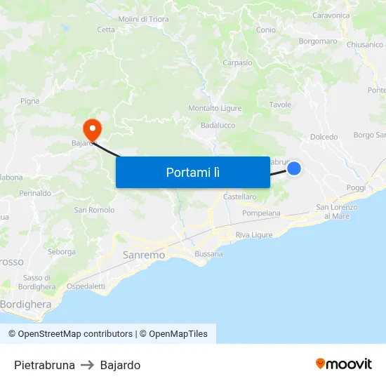 Pietrabruna to Bajardo map