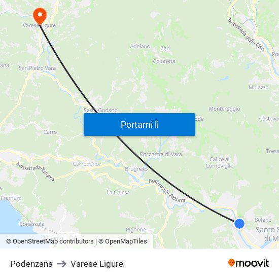 Podenzana to Varese Ligure map