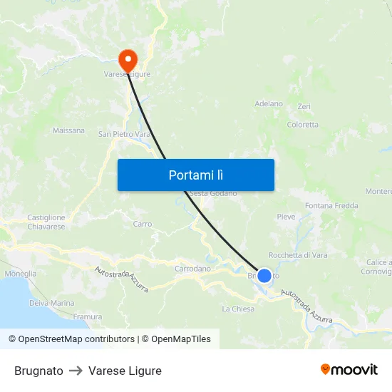 Brugnato to Varese Ligure map
