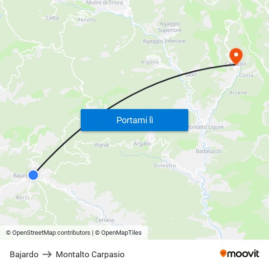 Bajardo to Montalto Carpasio map