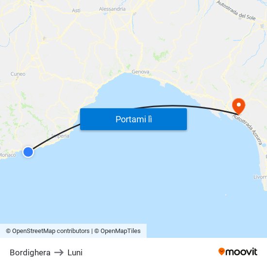 Bordighera to Luni map
