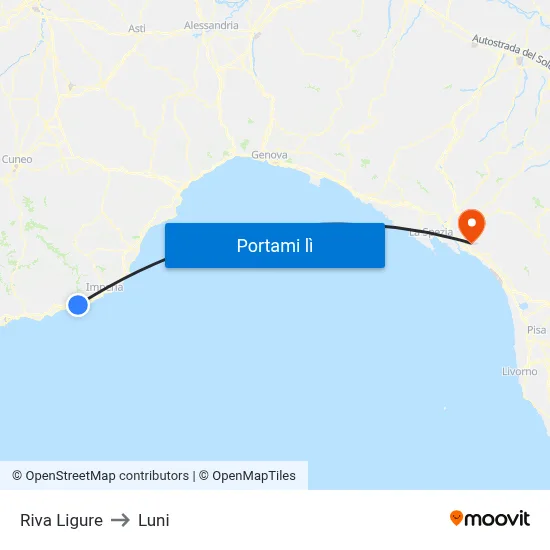 Riva Ligure to Luni map