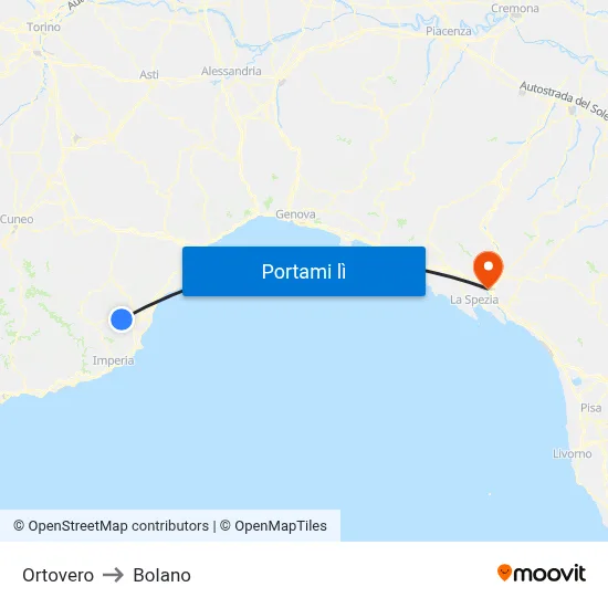 Ortovero to Bolano map