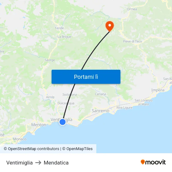 Ventimiglia to Mendatica map