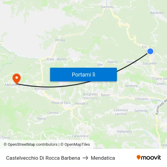 Castelvecchio Di Rocca Barbena to Mendatica map