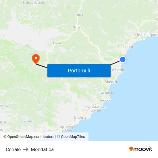 Ceriale to Mendatica map