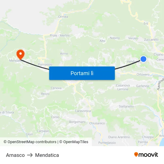 Arnasco to Mendatica map