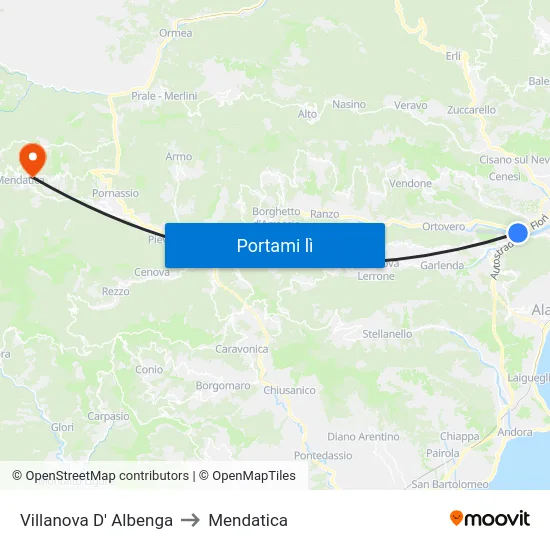 Villanova D' Albenga to Mendatica map