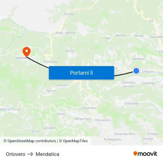 Ortovero to Mendatica map