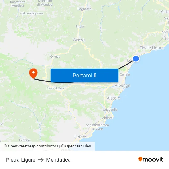 Pietra Ligure to Mendatica map