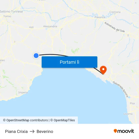 Piana Crixia to Beverino map