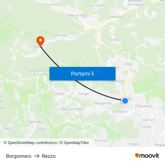 Borgomaro to Rezzo map