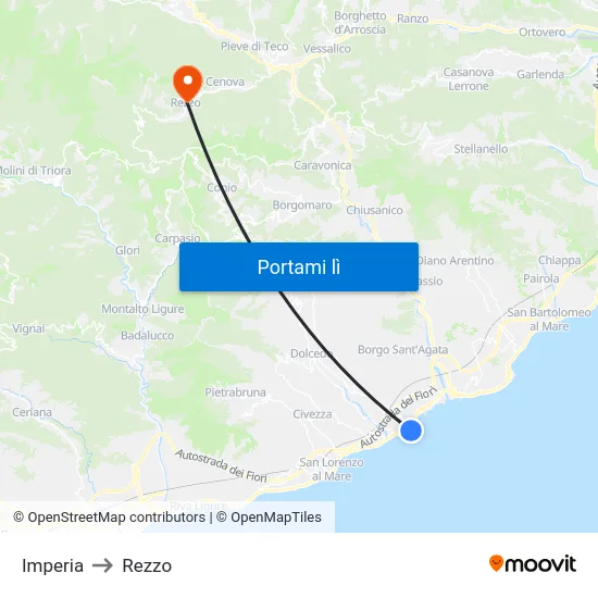 Imperia to Rezzo map