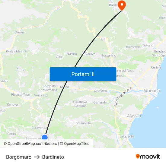 Borgomaro to Bardineto map