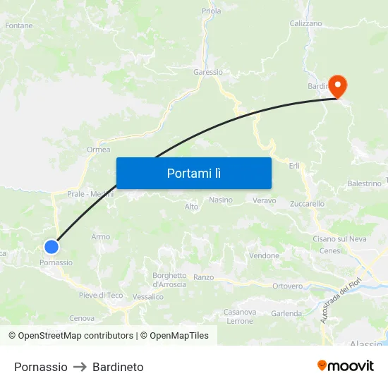 Pornassio to Bardineto map
