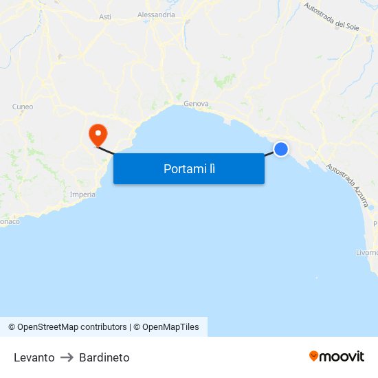 Levanto to Bardineto map