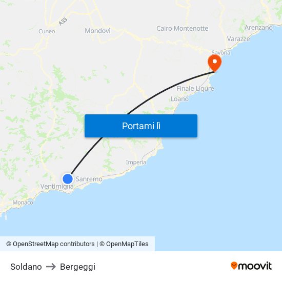 Soldano to Bergeggi map