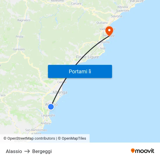 Alassio to Bergeggi map