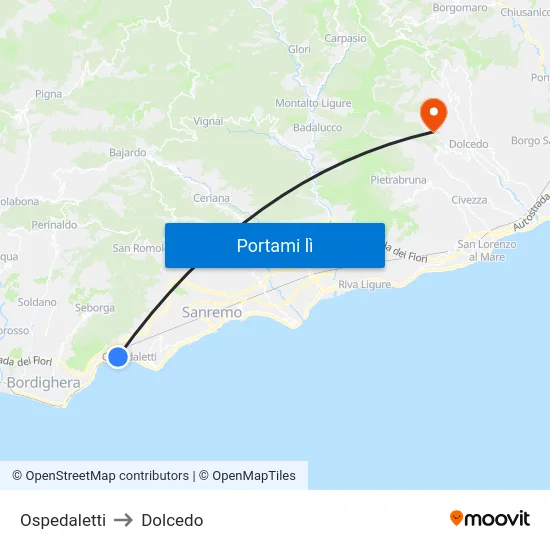 Ospedaletti to Dolcedo map