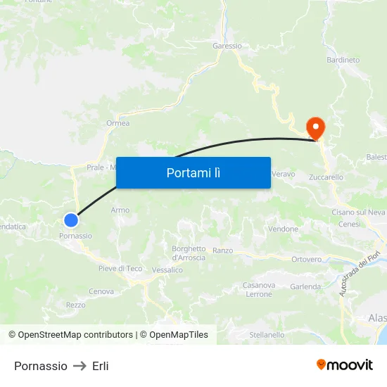 Pornassio to Erli map
