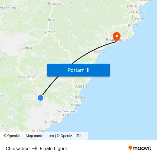 Chiusanico to Finale Ligure map