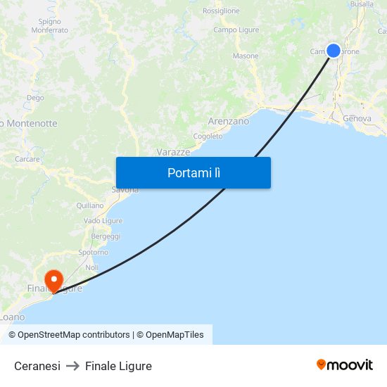 Ceranesi to Finale Ligure map