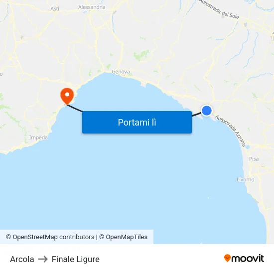 Arcola to Finale Ligure map