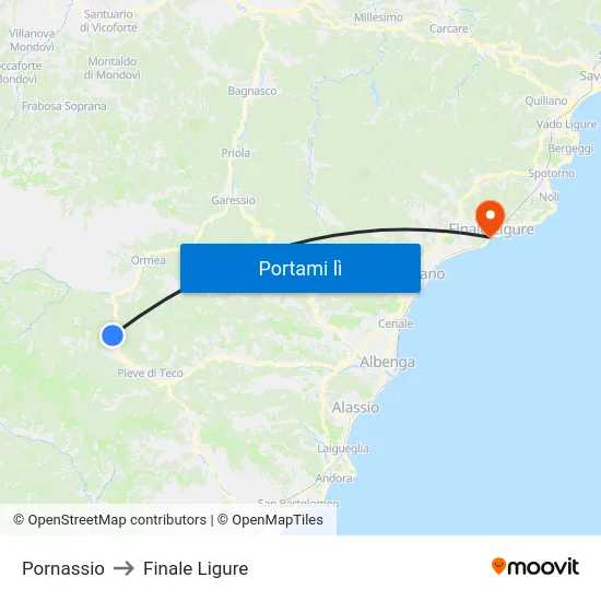 Pornassio to Finale Ligure map