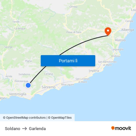 Soldano to Garlenda map