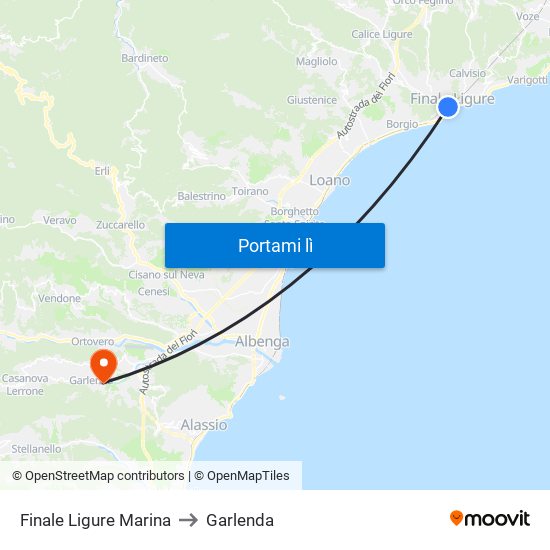Finale Ligure Marina to Garlenda map