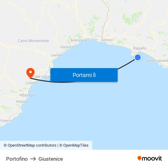 Portofino to Giustenice map