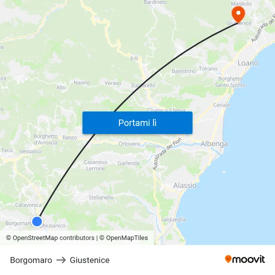 Borgomaro to Giustenice map