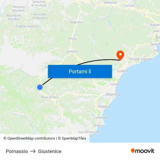 Pornassio to Giustenice map