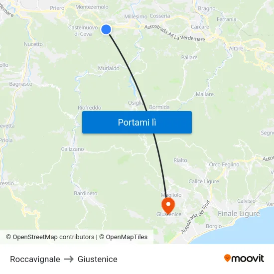 Roccavignale to Giustenice map