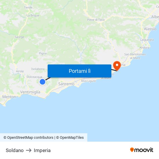 Soldano to Imperia map