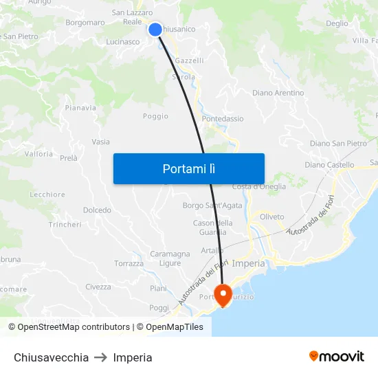 Chiusavecchia to Imperia map