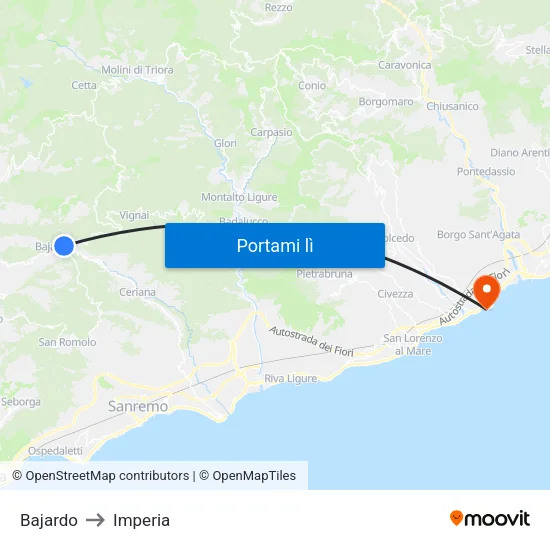 Bajardo to Imperia map