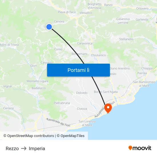 Rezzo to Imperia map